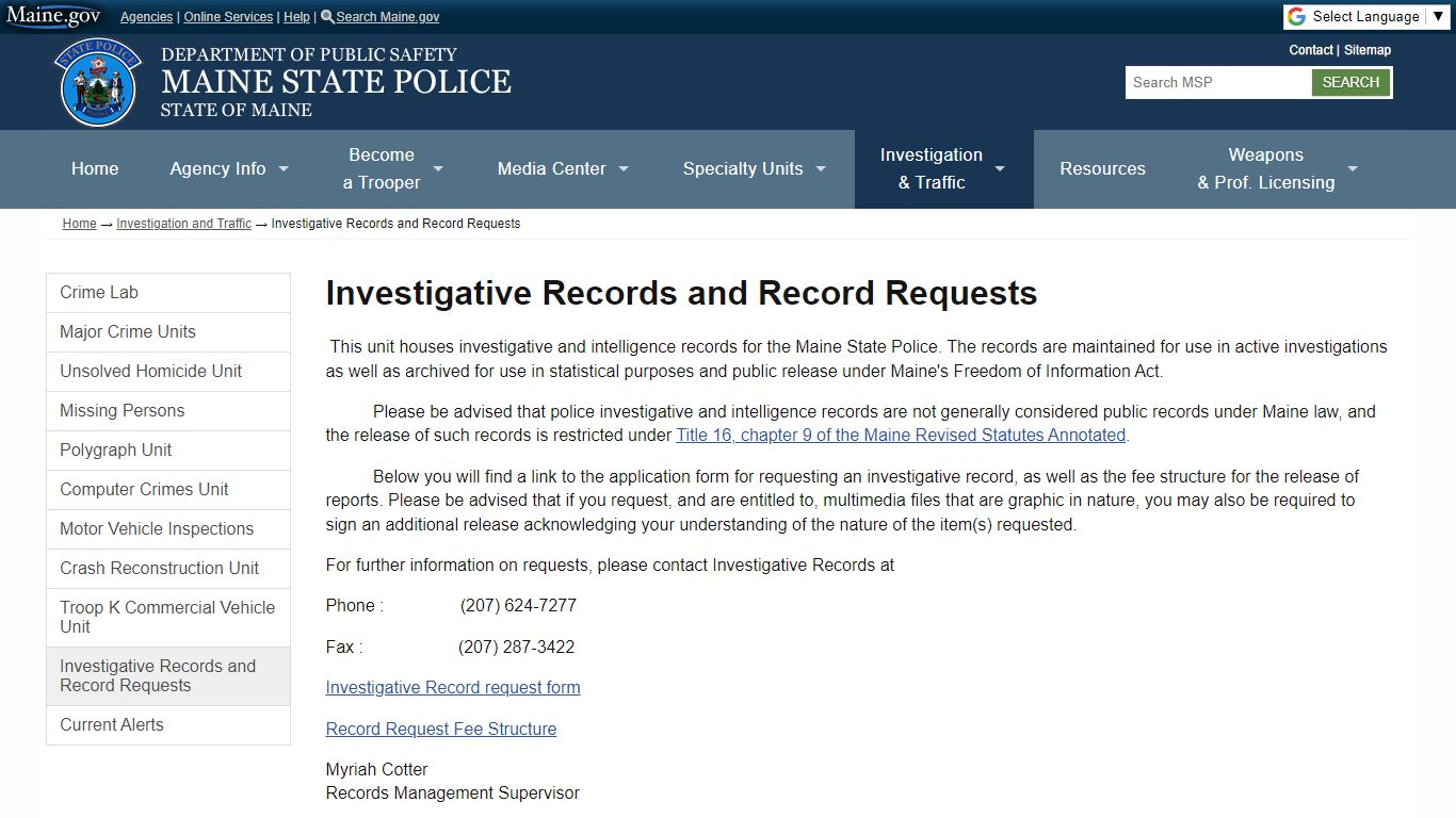 Investigative Records and Record Requests | Maine State Police